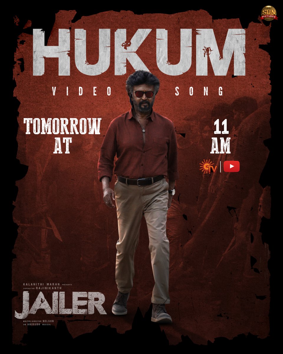 sunpictures's tweet photo. #Hukum Video Song releasing tomorrow at 11 AM 💥😎 Thalaivaru Alapparai 🔥

@rajinikanth @Nelsondilpkumar @anirudhofficial @Mohanlal @NimmaShivanna @bindasbhidu @tamannaahspeaks @meramyakrishnan @suneeltollywood @iYogiBabu @iamvasanthravi @mirnaaofficial @kvijaykartik @Nirmalcuts @KiranDrk @StunShiva8 @valentino_suren @RIAZtheboss #Jailer #HukumVideoSong