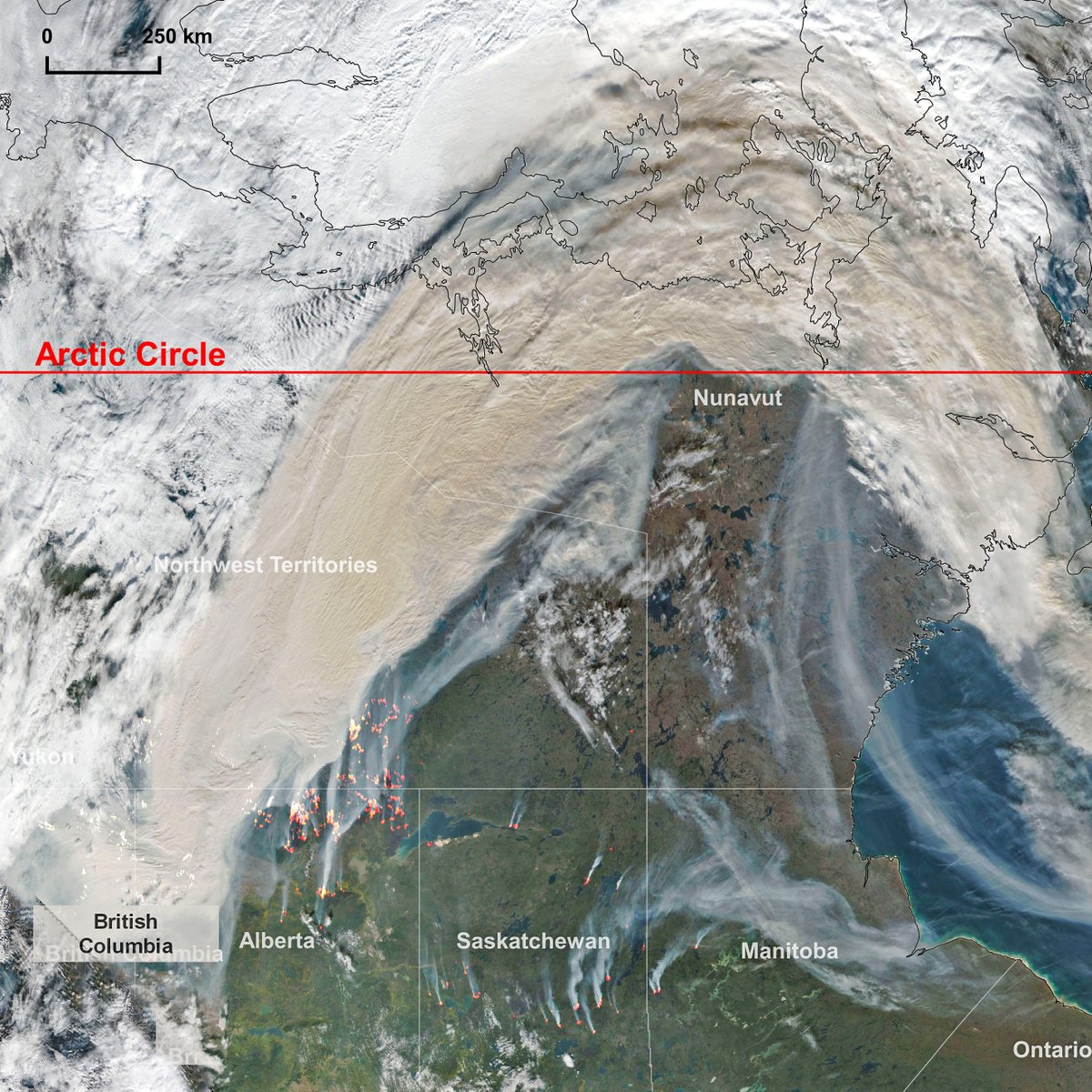 🔴🔥⚠️🇨🇦 Autum 2023 starts with scary #wildfires season in #Canada: an unseen smoke plume of about 3000km is shown by #SUOMI NPP #VIIRS on Sept.23 across #BritishColumbia, #Alberta up to inner #ArcticCircle for more than 450km, with fires burning like hell #ClimateEmergency