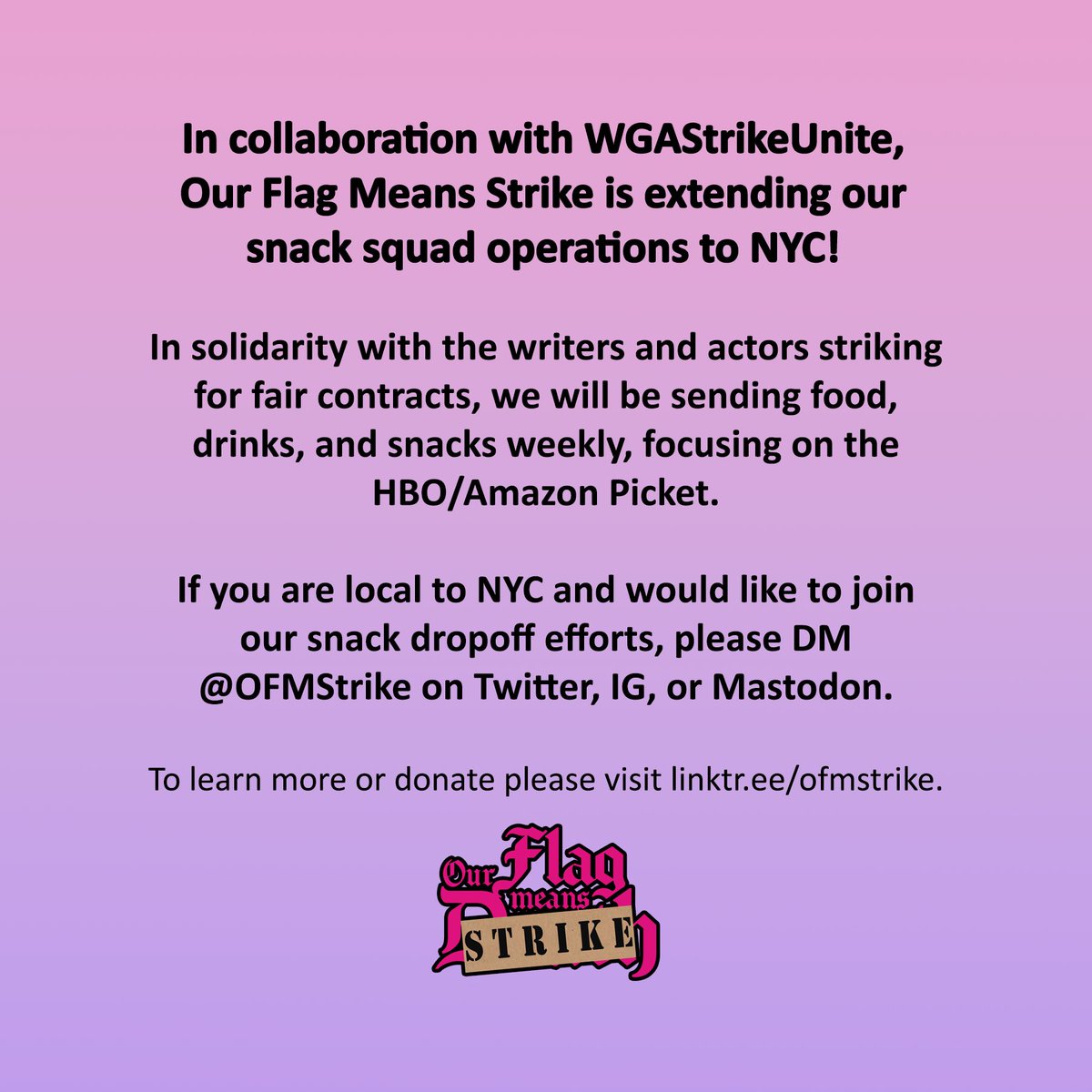 We’re excited to announce we’re teaming up with @wgastrikeunite to extend our operations to both coasts!

Double the pickets, double the support and solidarity 🏴‍☠️

#OFMStrike #WGAstrong #WGAstrike #SagAftraStrong #SAGAFTRAstrike