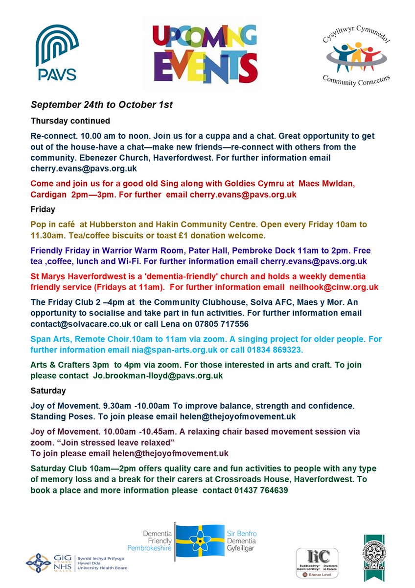 Please take a look at the wide selection of #dementia supportive activities happening across Pembrokeshire this coming week