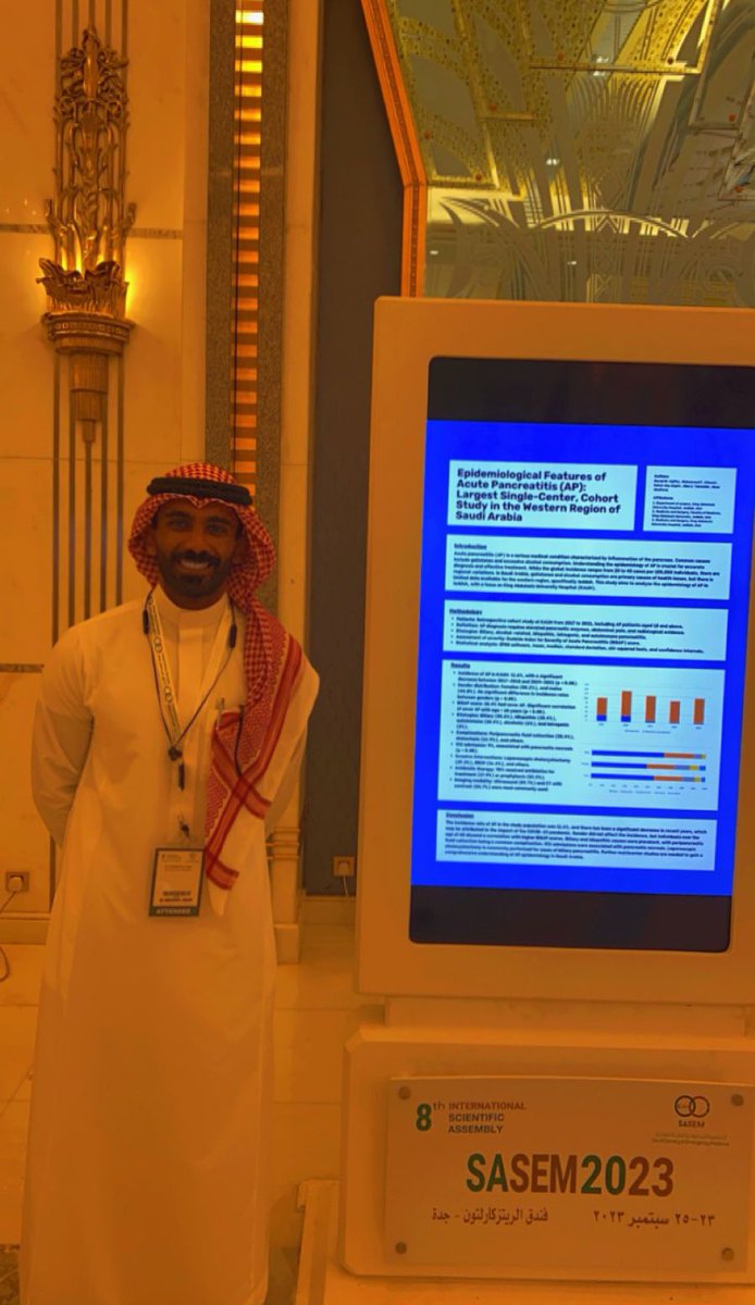 rakanalqam97's tweet image. Had the privilege to get one of our recently published papers presented at #SASEM2023 by my amazing colleague @moha_9414 .
where he discussed our results on Acute Pancreatitis epidemiology, etiology &amp;amp; incidence among patients presented to the ER with abdominal pain 🚑