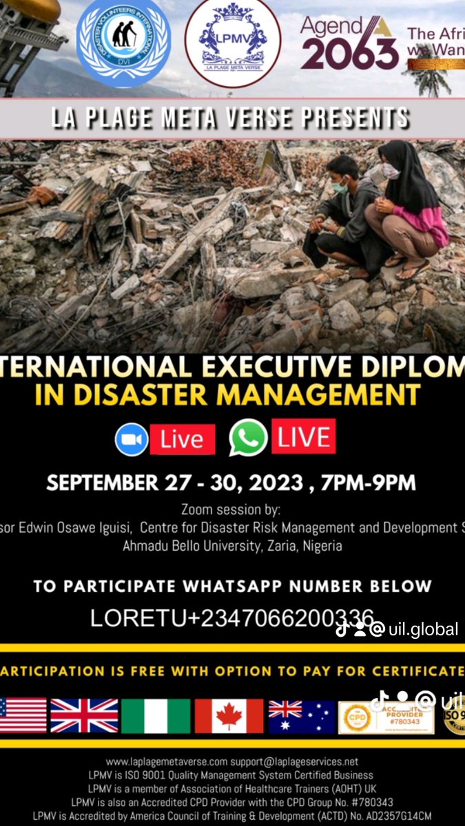 chat.whatsapp.com/Je5wt0Vlz3H9WZ…
*Join our FREE Executive Disaster Management Training (With an option to get a prestigious Certificate after training.) from September 27-30th. @7-9pm*

*🔥 Be a Crisis Leader!* *Learn* *Decision-making!  Master Disaster Management!*