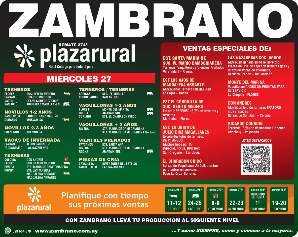 Arrancando la primavera
Zambrano y <a href="/plazarural/">plazarural</a> con mas oportunidades!

Lotes muy buenos en todas las categorías, ganados clasudos, ganados livianos, ganados en todo el país! 
 
Miércoles 27 👉🏻destacada oferta como siempre como todo el año con la mayor y mejor oferta de plaza.