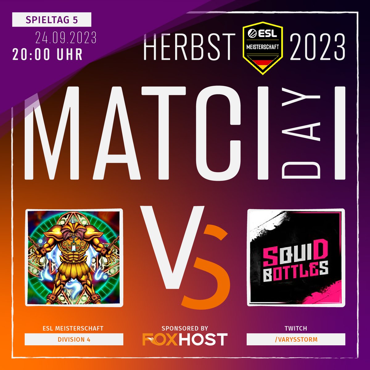 👑[#ESLMeisterschaft]👑

Für unser Contentcreatorteam #ExodiaPeek geht es heute gegen #SquidBottles!

Gecastet wird das Spiel von <a href="/StormVarys/">Varys</a>!

🆚| #SquidBottles
⏰| 20:00 Uhr
📺| twitch.tv/varysstorm
🎙️| <a href="/StormVarys/">Varys</a> 

#regnum4games | #CSGO | #DECS