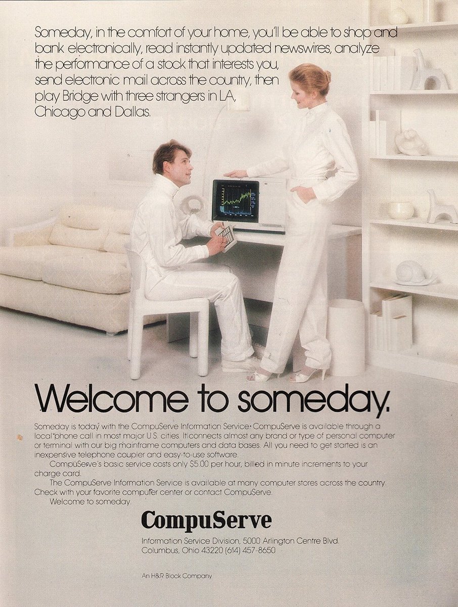 1/ Happy Birthday online consumer services! On this day 44 years ago CompuServe begins offering dial-up online information service, the precursor to internet and the Metaverse as we understand it today. Check out some of these ads that described our future decades ago.