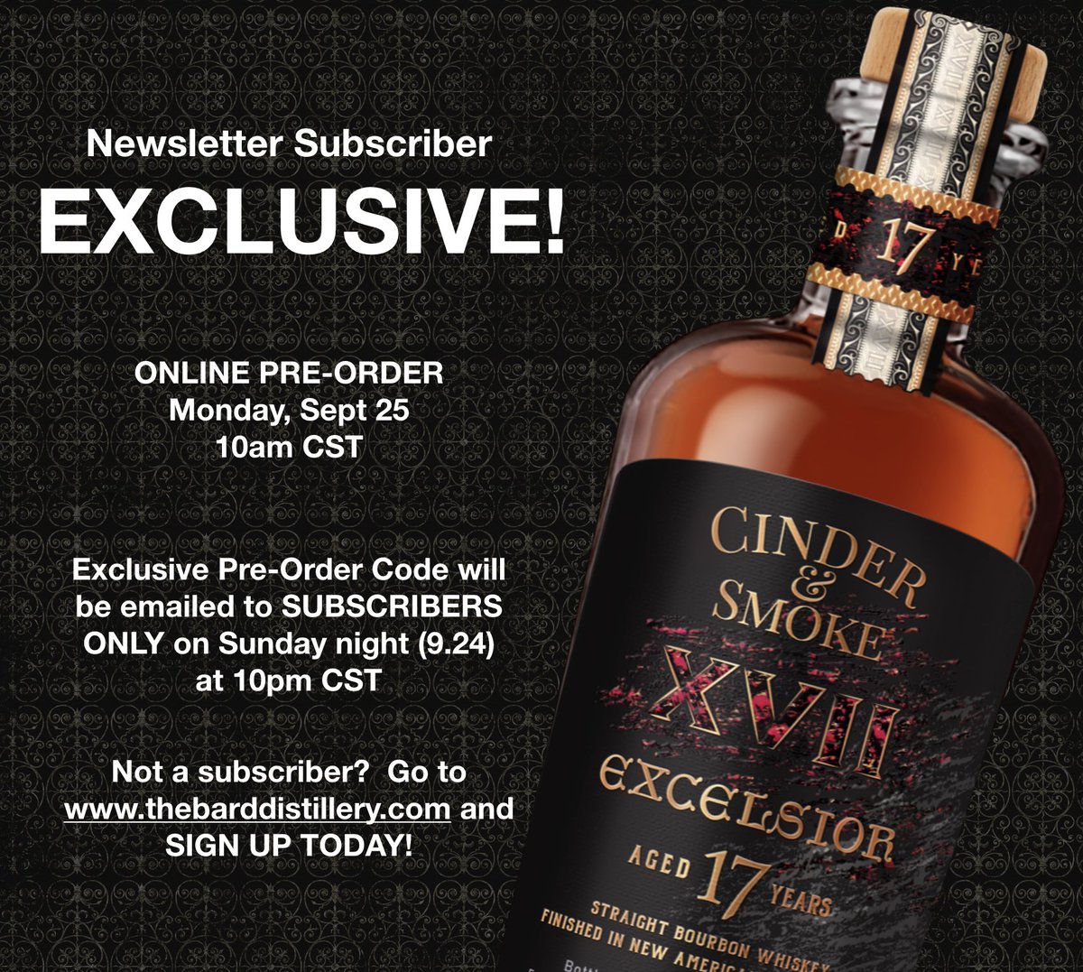Subscribe to our NEWSLETTER to receive an EXCLUSIVE Online Pre-Order Code! thebarddistillery.com/subscribe/. The code will be emailed Tonight @ 10pm CST. Pre-Order starts TOMORROW (9.25) @ 10am CST.  ONLY 410 BOTTLES EXIST. Don’t miss out!  For more info, thebarddistillery.com/ourspirits/ #bourbon