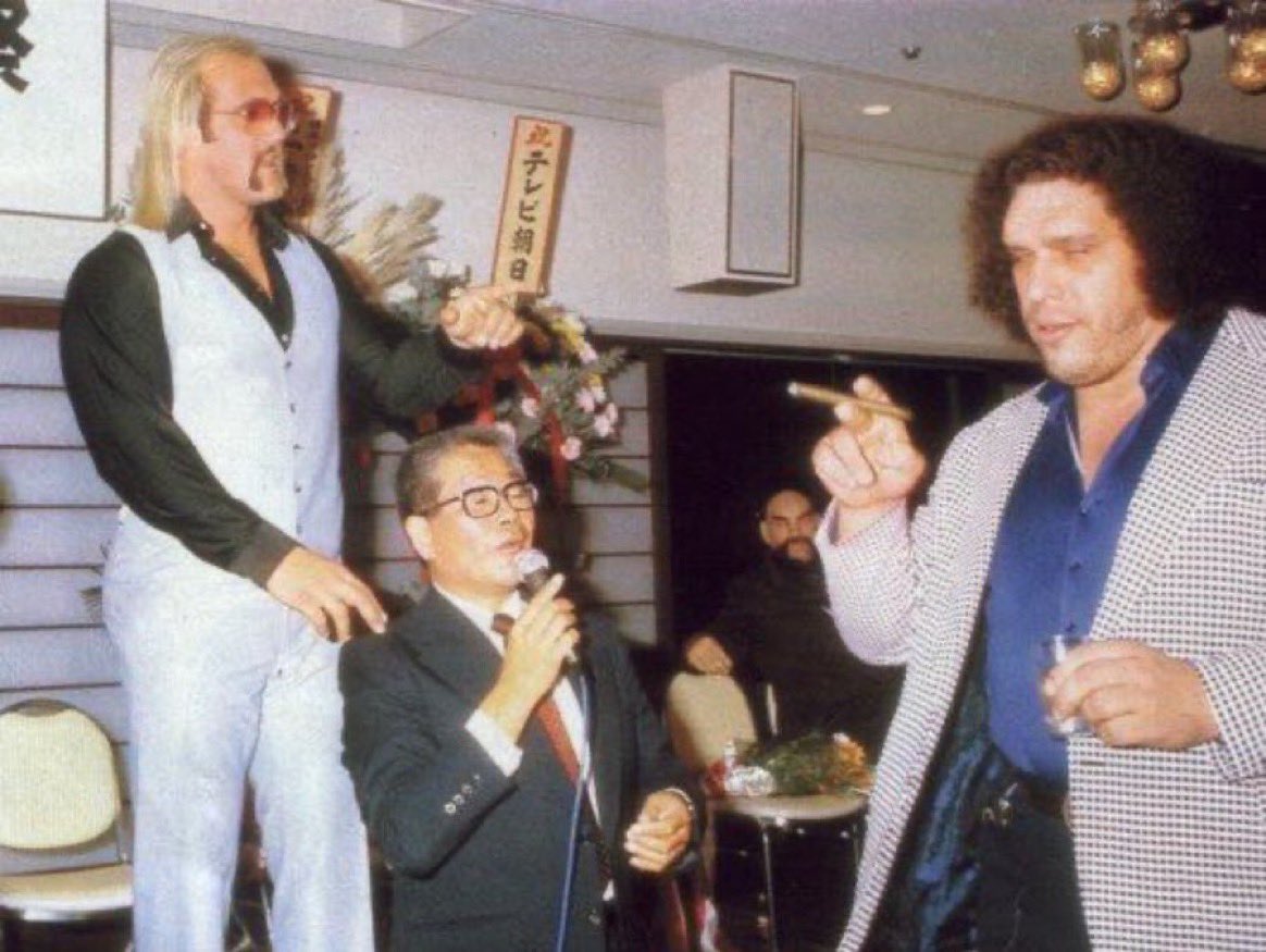 Super70sSports's tweet image. If Hulk Hogan isn’t doing karaoke with some old Japanese guy while Andre the Giant grooves to it with a cigar, don’t even tell me it’s a quality party.