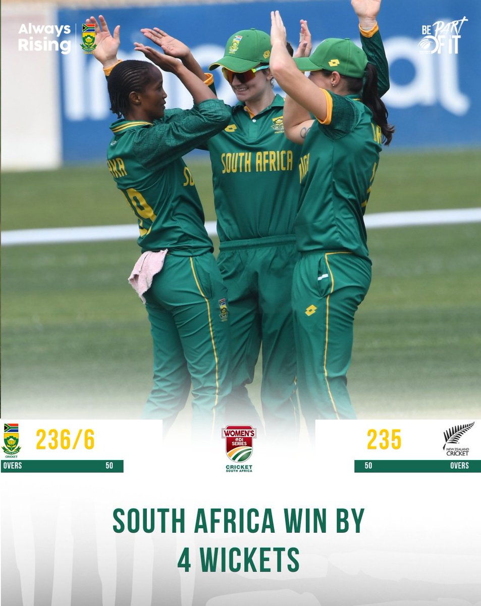 ProteasWomenCSA's tweet photo. PROTEAS WOMEN TAKE THE FIRST ODI 🇿🇦👏

A resilient performance with bat and ball from Proteas Women to win the 1st ODI against the White Ferns at the JB Marks Oval 🏟

#AlwaysRising #BePartOfIt https://t.co/CC6uQE0U5R