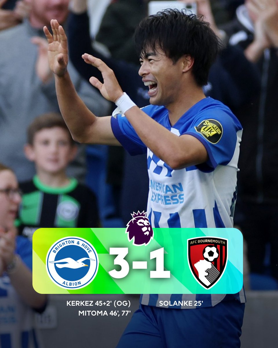 premierleague's tweet photo. Kaoru Mitoma inspires a comeback @OfficialBHAFC win 💫

That's five victories in their first six matches!

#BHABOU https://t.co/QPOSKDeLyZ