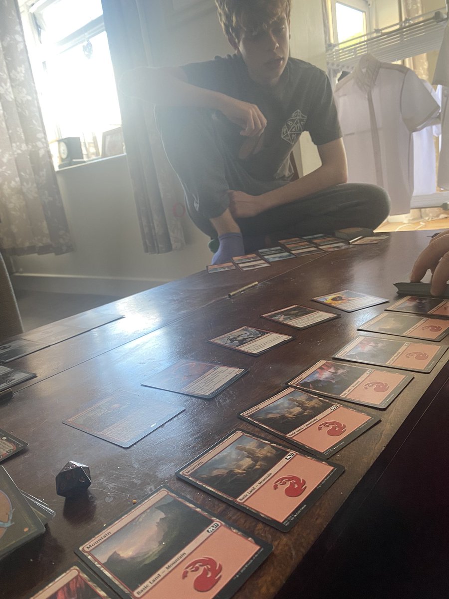 MrsBoxallSci's tweet photo. He destroyed my Planeswalker. This is getting serious! @wizards_magic #MTG #ConnectingWithMyTeenager https://t.co/CxQzNVFV2H