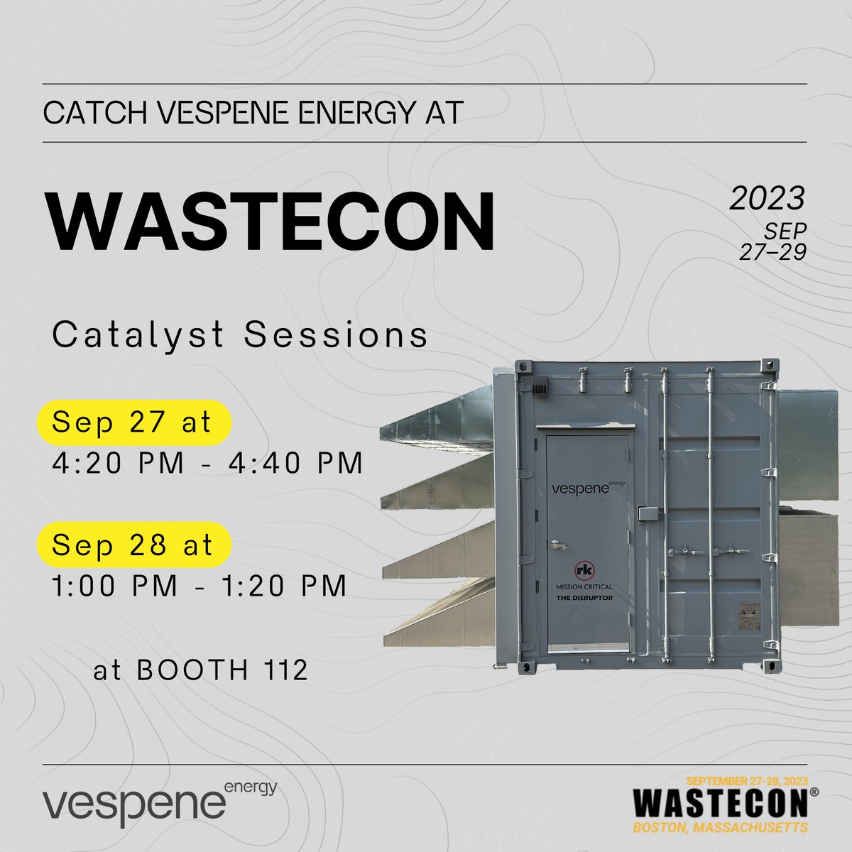 SWANA welcomes <a href="/Vespene_Energy/">Vespene Energy</a> as a #WASTECON2023 sponsor!

Make sure to attend their Catalyst Sessions to hear about their pilot and example closed landfill case studies using LFG to power self-sustaining microgrids.

Click here to see the schedule: shorturl.at/fyN26.
