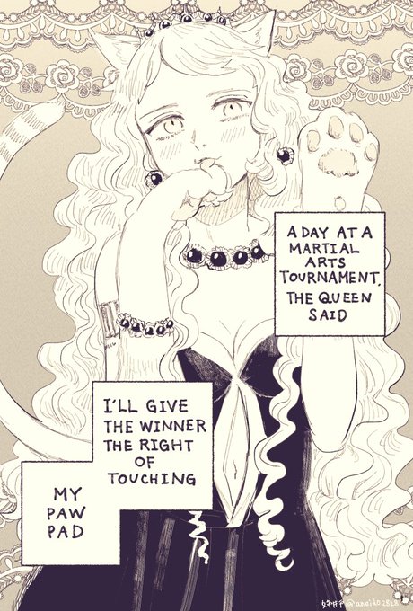 A cat ear sorceress is fighting for her queen🐈 👑🐾🐾

*Please tell me if my text is wrong.
I am studying English.
#comic #wlw #yuri 