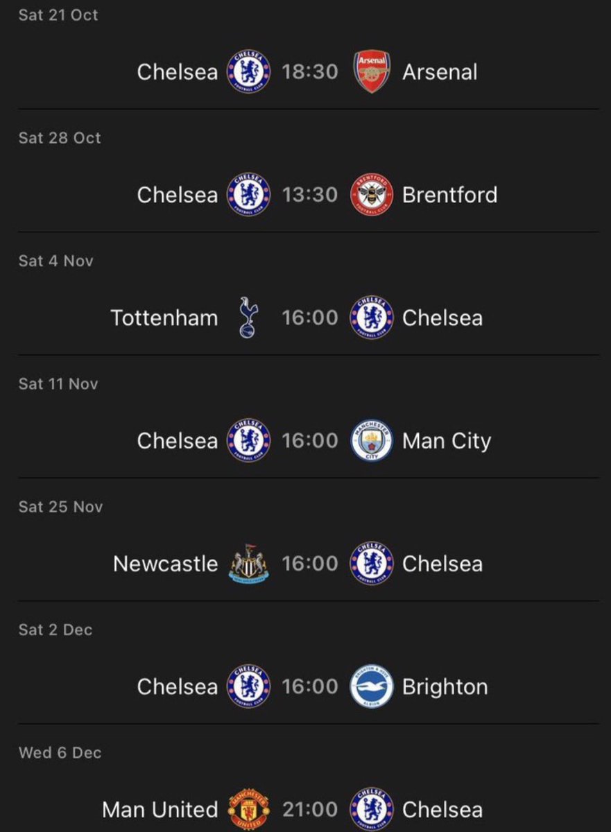 TheFergusonWay's tweet photo. Chelsea play Arsenal, Spurs, Man City, Newcastle, Brighton and Man United in their 6 of their next 9 games 😭😭 https://t.co/5ijq6u5jrH
