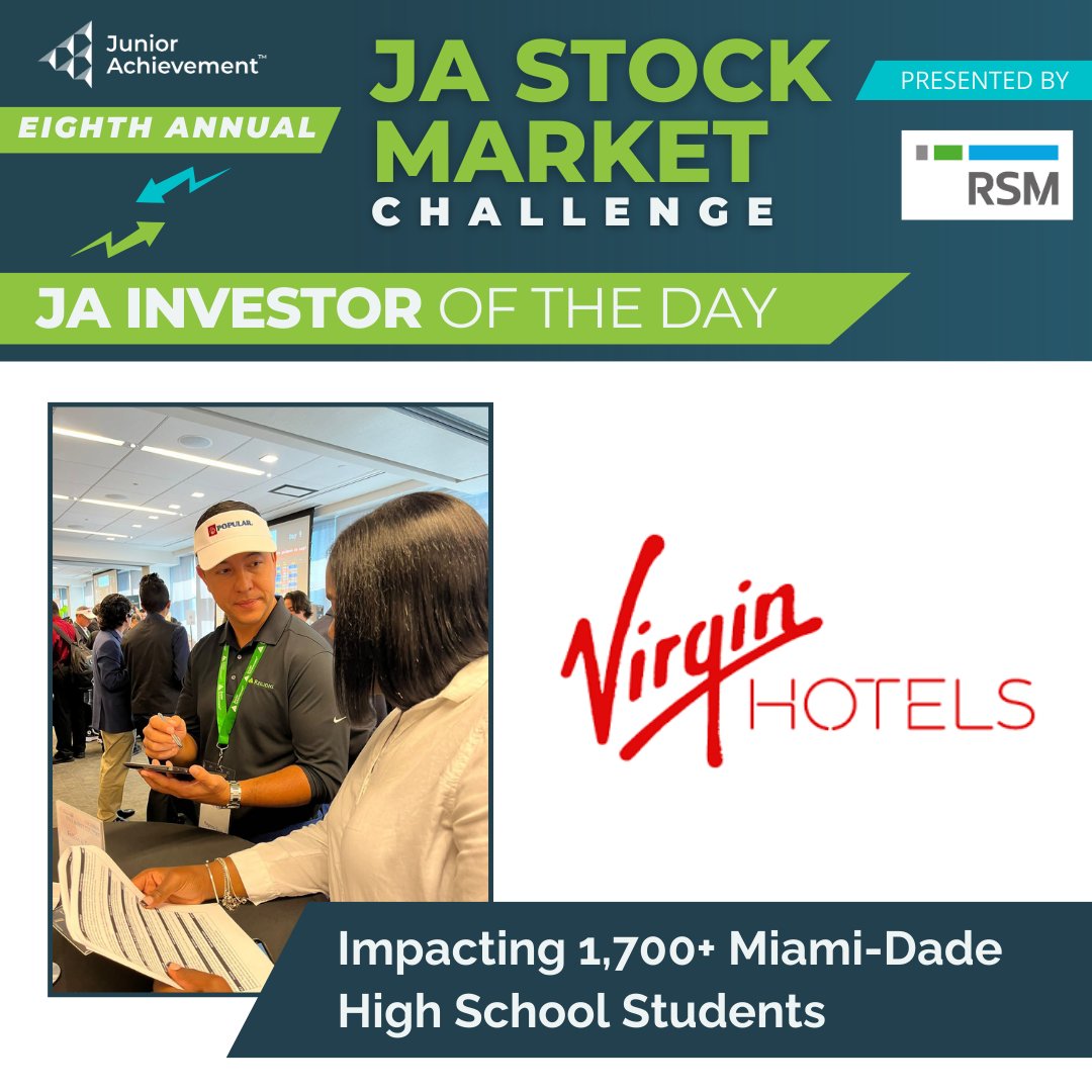 ja_miami's tweet photo. Thanks to our Investor of the Day, Virgin Hotels, for contributing to the 8th Annual JA Stock Market Challenge, presented by RSM! Your support helps educate 1,700+ high school students about the exciting world of stock markets and investing. 🏨💰 #thankyou #JASMC @@virginhotels https://t.co/p9zQvA9bF0