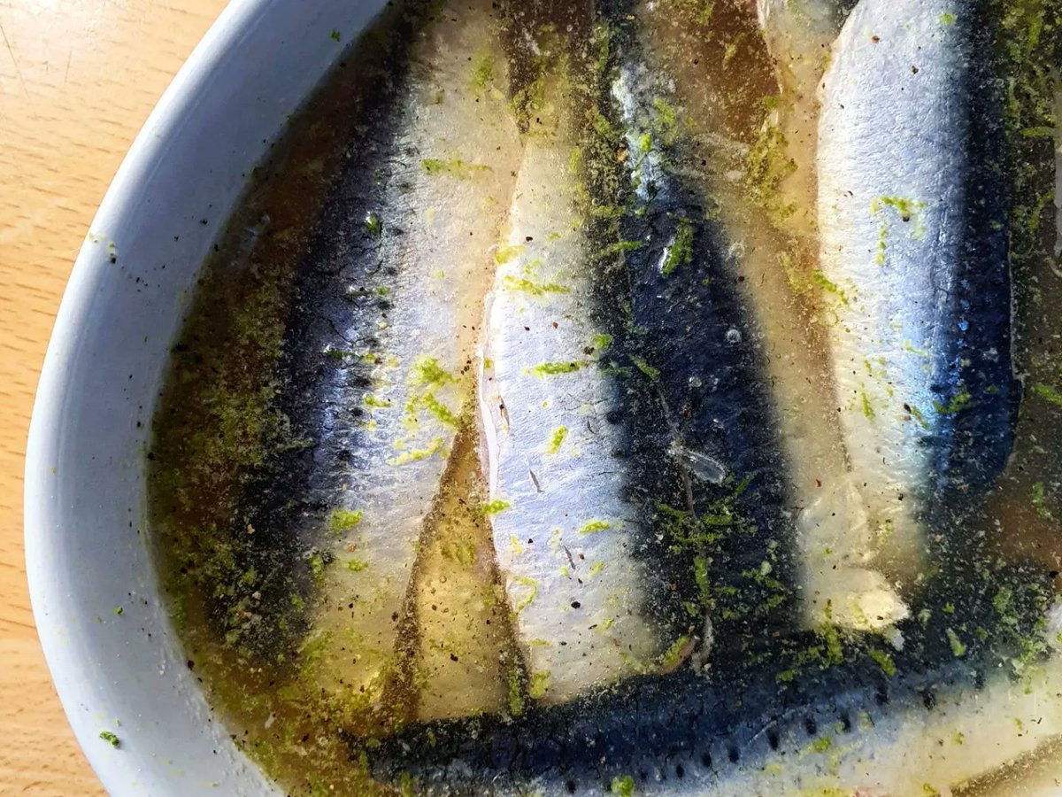 monteromonti's tweet image. Dejaros de #pescados con pedigrí, venidos de las antípodas. Unas #sardinas cabales, pura plata, marinadas en sidra, lima y vinagre de manzana, con su pimienta y  rayadura de jenjibre. Y luego a la plancha, con remate de tomate fresco, perejil y sésamo.
Y el #vermú... 👇🧵
