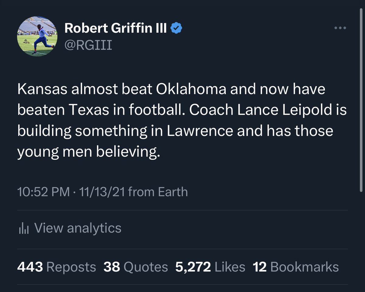 RGIII's tweet image. Danny. I was calling Tulane’s game against USC in the Cotton Bowl and praising Willie Fritz for their turn around. Was the first to praise Lance Leipold for Kansas’ turnaround and am on record that Duke is a football school now. DO SOME RESEARCH. You’re embarrassing yourself.