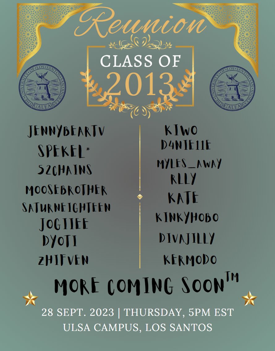 - All new characters
- All Invites get a +1 to bring any roleplayer
- 10 year college reunion

Please welcome the first group of returning students