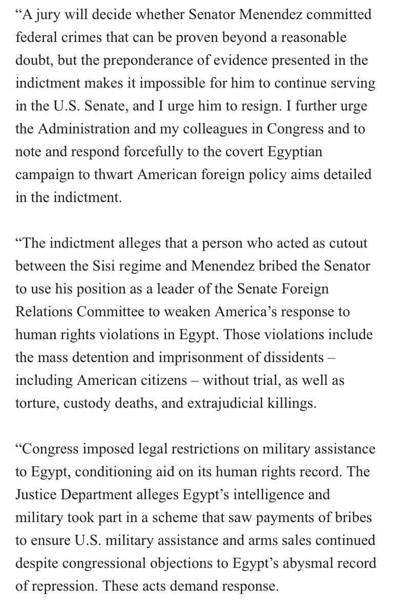 Democratic Rep. ⁦@DonBeyerVA⁩ , co-founder of the Egypt Human Rights caucus, calls on Menendez to resign.