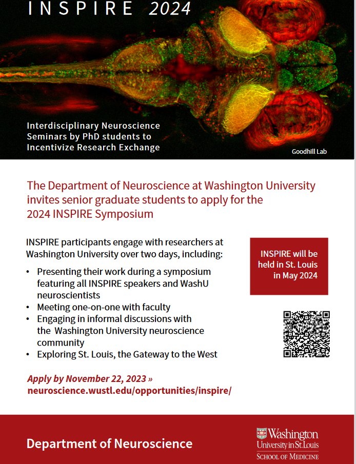 We @WUSTLneurosci invite senior graduate students in all neuroscience fields to apply as INSPIRE speakers bit.ly/3xvyluG. Present in our INSPIRE symposium, meet with faculty 1 on 1, and interact with the excellent community @WashUONR. Apply by November 22nd 2023.