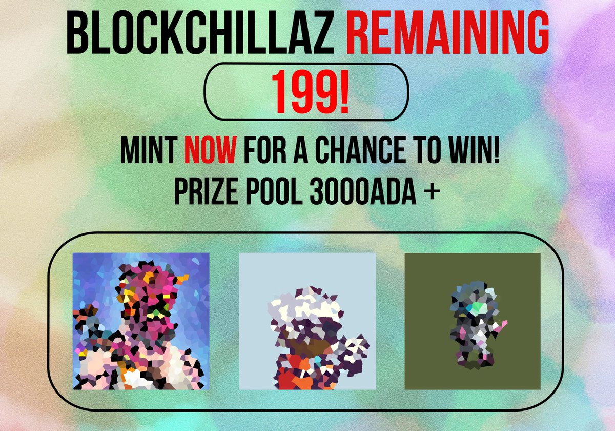 JUST 199 BLOCKCHILLAZ REMAIN😮‍💨

Surprised if you can’t tell what the prizes are now 👀

Mint now for a chance to win a prize in the pool👇

1 Mint = 5 Entries 🎟️

No limit ❌

Let’s get these final Chillaz their new home🤘
