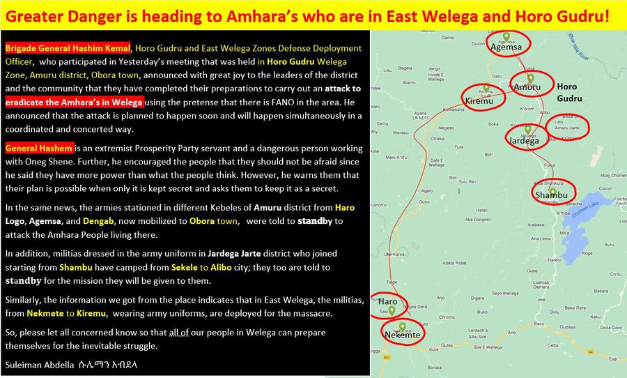 AbrarSuleiman's tweet photo. ዘመቻው ተጀምሯል

Reports are coming that Abiy regime is preparing to carry out an attack to eradicate the remaining #Amhara  in #Welega using the pretext that there is #FANO in the area.

#AmharaGenocide 
#AmharaConcentrationCamps 
@UN 
@amnesty 
@POTUS 
@USEmbassyAddis https://t.co/3gDhZYsjKQ