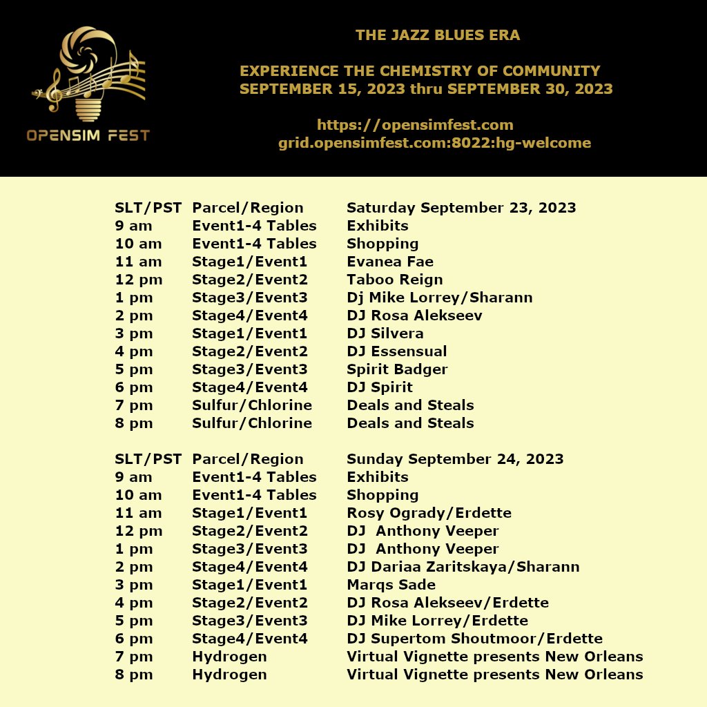 BHGross1's tweet photo. Here’s today’s schedule @ Jazz & Blues @ #OSFest 2023 to register: OSFest 2023 | OSFest (https://t.co/3fQQOrgu6F)Don’t miss tonight’s Mar di Gras on Burbon Street @ 7:00 PM Grid Time, hop://grid.opensimfest.com:8022/Hydrogen/161/106/23 https://t.co/ktei0KbwOG