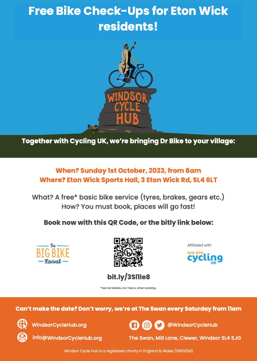 Calling all #EtonWick residents (& those close-by)! Next Sunday (1st Oct) we're coming over the river to fix your bikes for free. We'll be at the sports hall. You'll need to book, see pic or visit: bit.ly/3Sl1le . Places WILL go fast - so hurry!