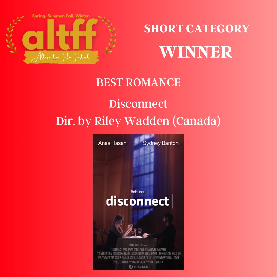 AltFilmFest's tweet photo. Short Category • Best Romance Disconnect - Dir. by Riley Wadden (Canada)
#alternativefilmfestival #altff #fall2023
•
•
•
•
•#filmfestival #filmawards #filmcommunity #filmmakers #filmfreeway #filmfestivals #torontofilms #torontofestivals #filmmaking #filmmakerslife https://t.co/OlqpGhdx9s