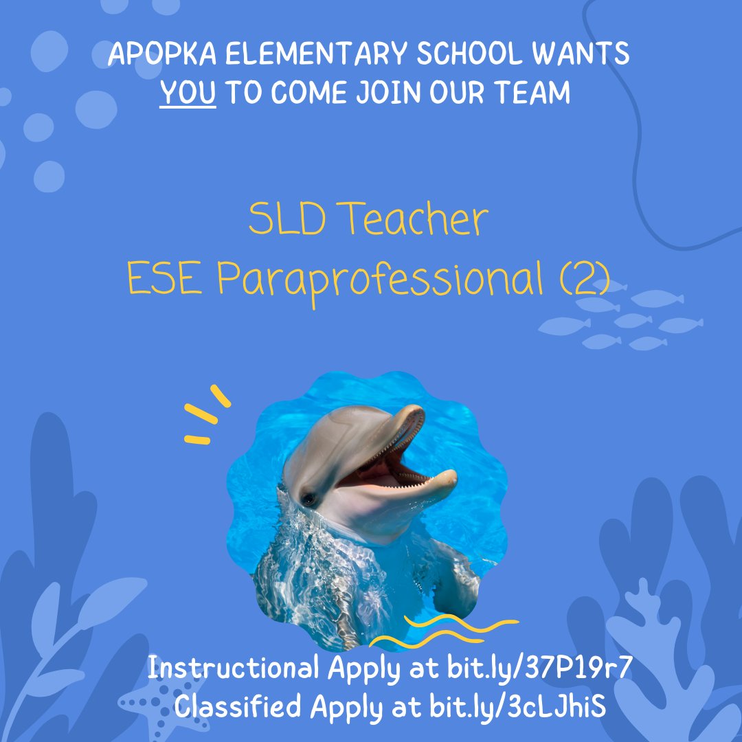 Apopka Elementary School Wants you to Come Join Our Team! Instructional Apply at bit.ly/37P19r7
Classified Apply at bit.ly/3cLJhiS