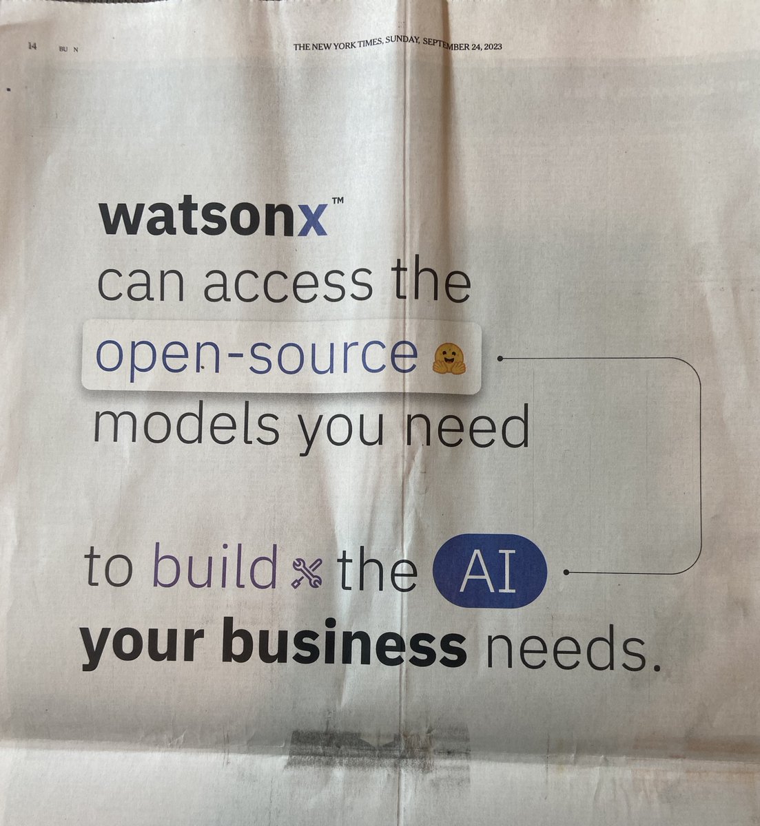 Really happy to see this @IBMwatsonx ad in the New York Times, celebrating our strong commitment to open source AI and our excellent @huggingface 🤗partnership. 🙌🏻🌟 cc @ClementDelangue @jeffboudier