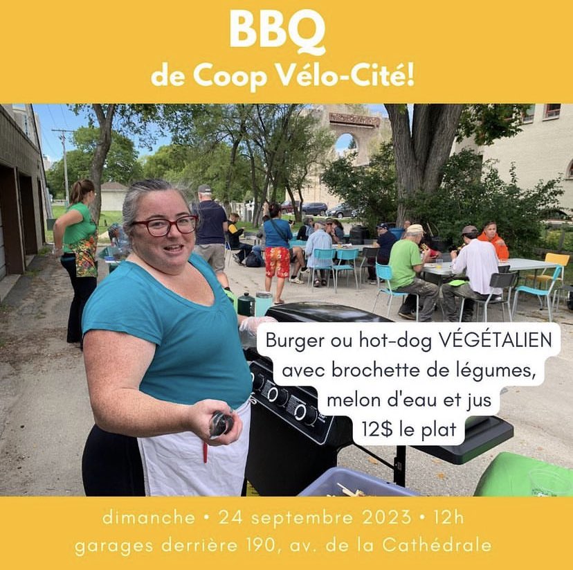 Le BBQ végétalien annuel de la coop est aujourd’hui! 
Nous allons vendre nos derniers vélos dans la shoppe. Venez acheter une carte de membre pour appuyer notre travail dans la communauté.