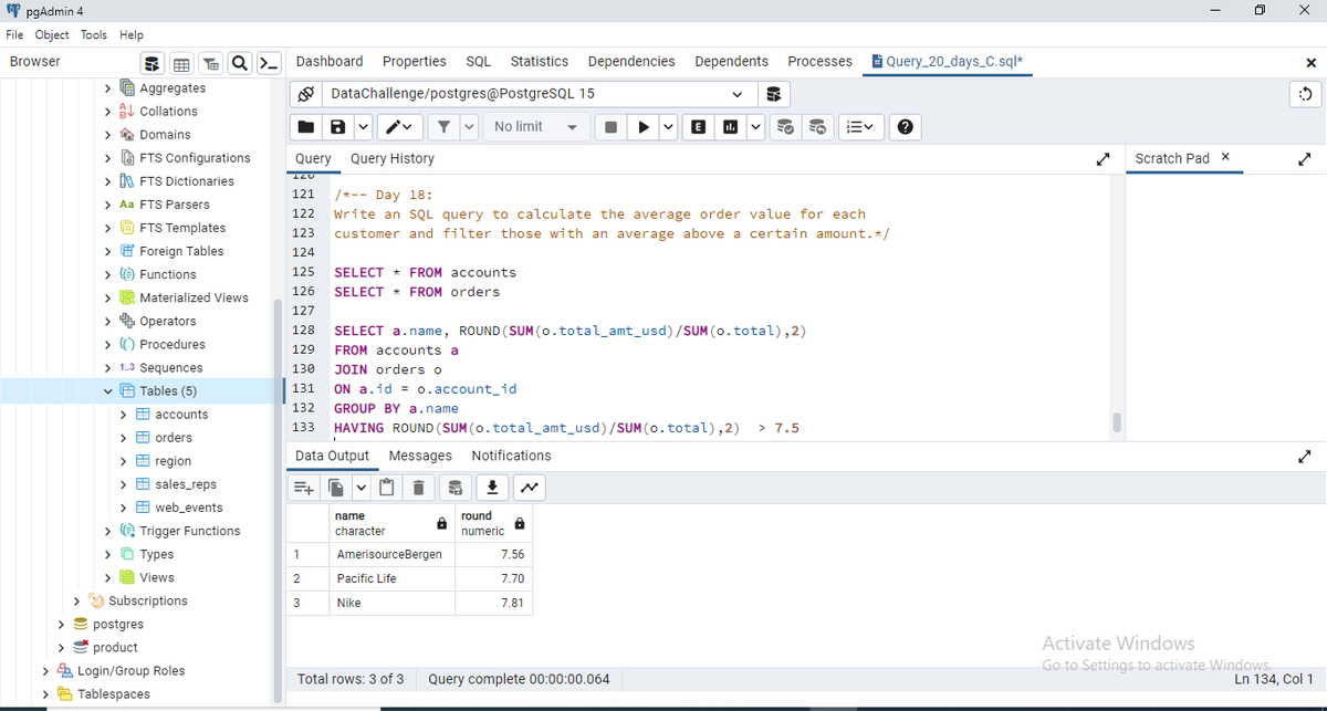 Easy_p5's tweet image. Day 18: Aggregating with HAVING
20 Days With Data Challenge

I Wrote an SQL query to calculate the average order value for each customer and filter those with an average above a certain amount.

#20dayswithdata #SQLHavingClause #DataAggregation.