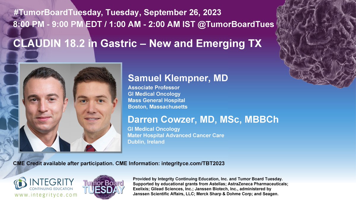 🪚CLAUDIN 18.2 has been a topic of discussion, & there’s fresh & emerging treatments for #GastricCancer 🇮🇪Join @KlempnerSam @CowzerDarren on #TumorBoardTuesday Sept 26 to explore further 🌍Dive into this global discussion at 8pm EDT / 1am IST FREE #CME👉🏽integrityce.com/TBT2023