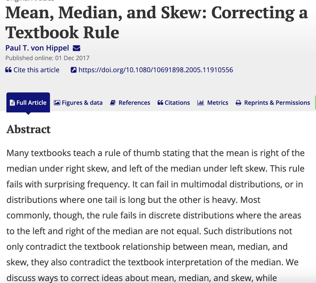 Raecc6's tweet photo. A discussion with Steven Bao on students' homework directed us to this paper which elucidates why using median and mean to decide skewness can lead to a wrong conclusion.
A great-to-know, perhaps must-know, for all Stats teachers. BTW, the author von Hippel is an OSU Soc alumni. https://t.co/OhUrnwQx38