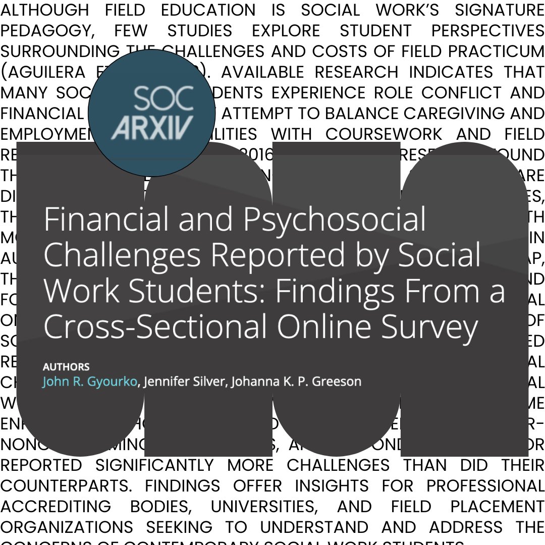 Recommended reading: ‘Financial and Psychosocial Challenges Reported by Social Work Students: Findings From a Cross-Sectional Online Survey’ (preprint) on SocArXiv, osf.io/preprints/soca…. 🧵

@nasw_pa <a href="/socarxiv/">SocArXiv</a> <a href="/socarxivpapers/">New SocArXiv Papers</a> #payment4placements