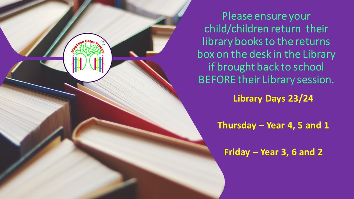 Magdalen_Gates's tweet photo. Please remember to bring your library books to school on your class library day. If you wish to return it sooner you can place your book in the returns box in the Library. #Reading #Library #PleaseReturn https://t.co/1hipSfEugI