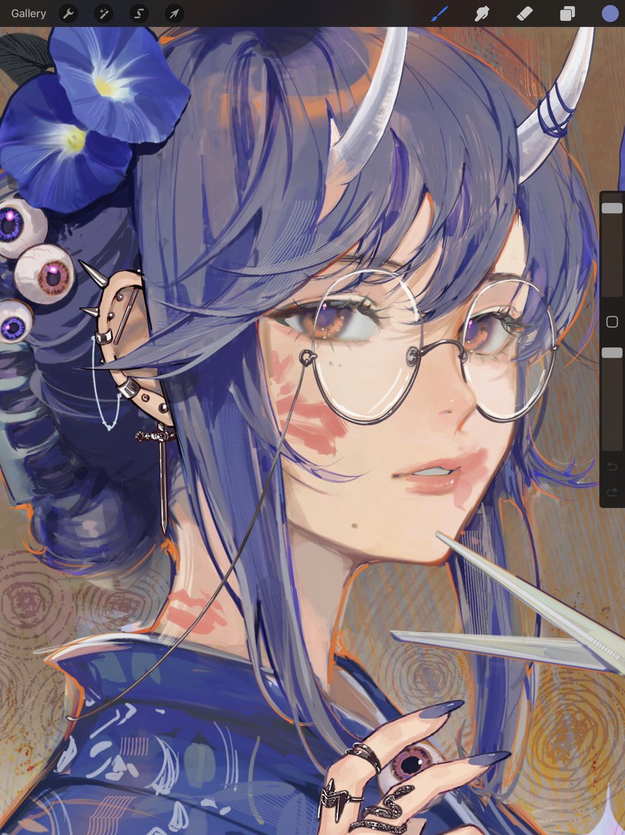 1girl solo flower jewelry glasses horns piercing  illustration images