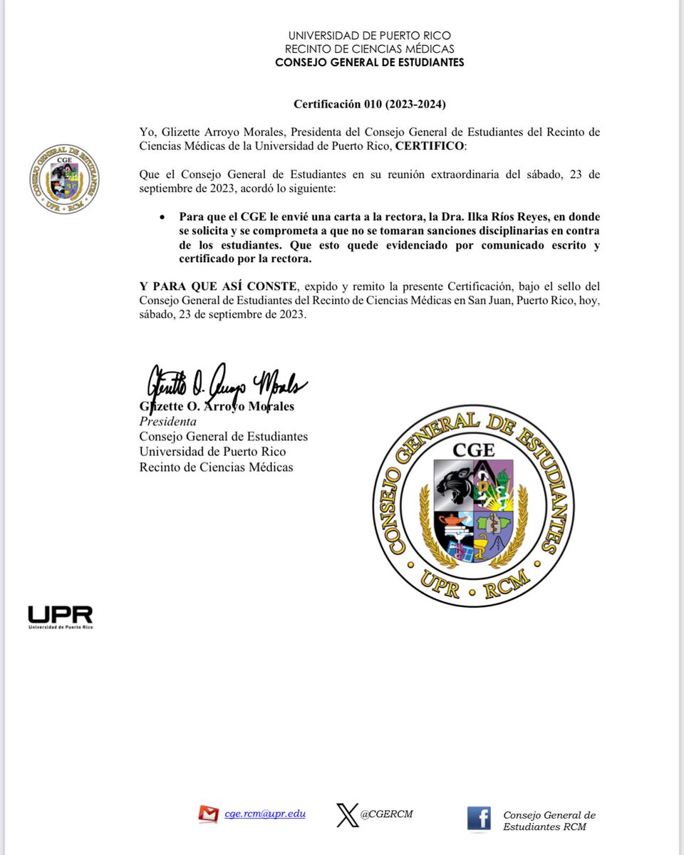 Certificación 010 del CGE y Carta a Rectoría: Para que el CGE le envié una carta a la rectora Ríos, solicitando que no se tomen sanciones disciplinarias en contra de los estudiantes. <a href="/CGERCM/">CGE RCM</a>