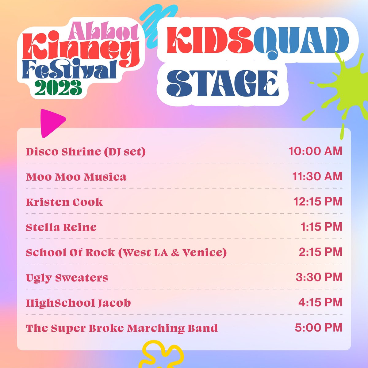 🎉Get ready for whirlwind of talent and fun at the KidsQuad stage! Our performers are ready to shine, so don’t miss out on the amazing acts!✨

#AbbotKinneyFestival #CommunityEvent #ArtAndCulture
#AKFest #CreativeVibes #LiveMusic #ShopLocal #FoodieFestival #FamilyFun #StreetFair