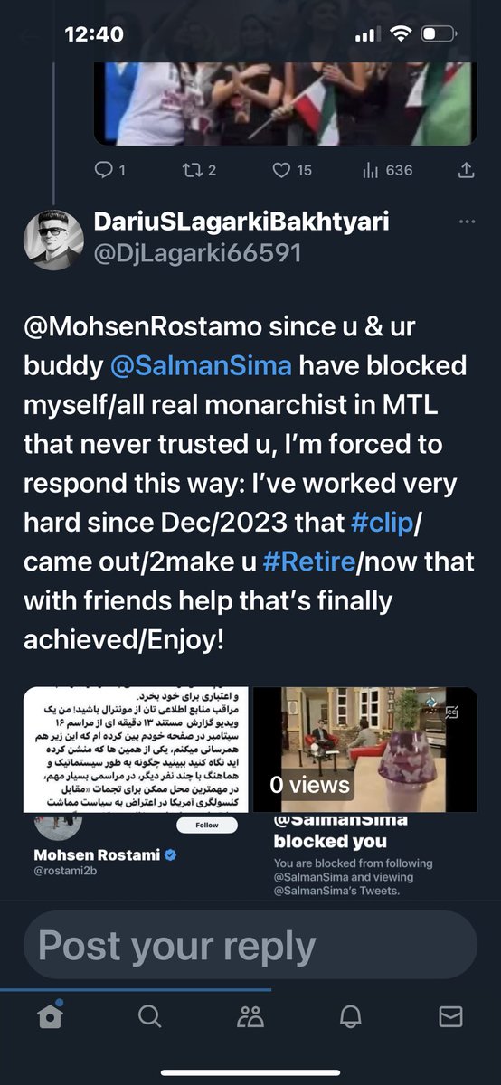 DjLagarki66591's tweet photo. @Rezazarpoor @SepehriHamed @RashidianAr @razi_mi #MRostami since u N ur buddy #Ssima have blocked me/this’s  how I respond 2ur lies: #We the real monarchist in MTL never trusted especially after ur infamous clip came out, as I told u/Dec2023_We will force u to #Retire guess what #We just did that #forced u to do so, #Enjoy! https://t.co/Ng56s2ZAeV