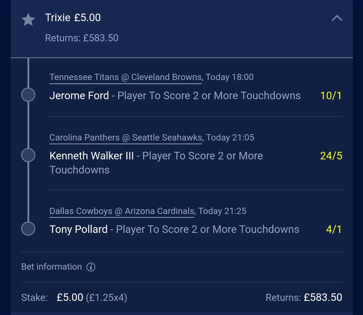 NFLuktips's tweet image. Brace trixie for this week is below but the odds on ford for 2 or more with unibet is currently 23/2 pr 10/1 on wh that I think is value small stakes advised! Walker and pollard I think both have great chances this week. #NFL    #NFLTwitter    #nflbets