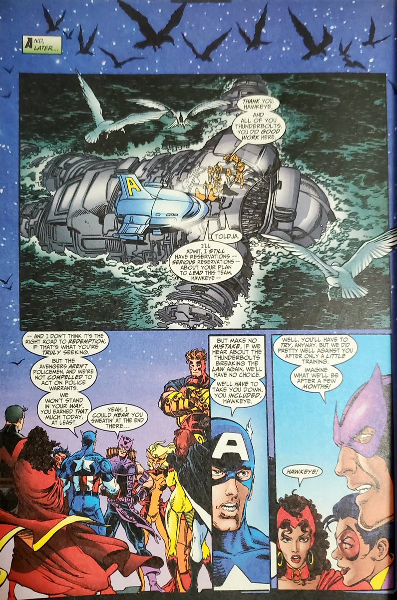 Cap has a hard time believing Hawkeye left the Avengers for the Thunderbolts so he has the team ambush them. Love how many old school villains Busiek used for this run. Dominex emerges because of the battle and nearly destroys the world. Even Firebird lends a hand in this.