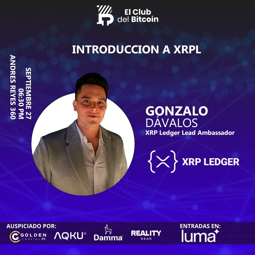bitcoin_club_pe's tweet photo. ✅ XRP EN EL CLUB DEL BITCOIN😃

👉🏻 Miércoles 27 de Septiembre

📚Tema: "Introducción a XRPL"

👨🏻‍🏫Speaker: Gonzalo Dávalos, XRP Ledger Lead Ambassador

📍Lugar: Andres Reyes 360, Piso 8, San Isidro

⏰Hora: 6:30 PM

🏃🏻No te lo pierdas! https://t.co/0spsEaIU3M