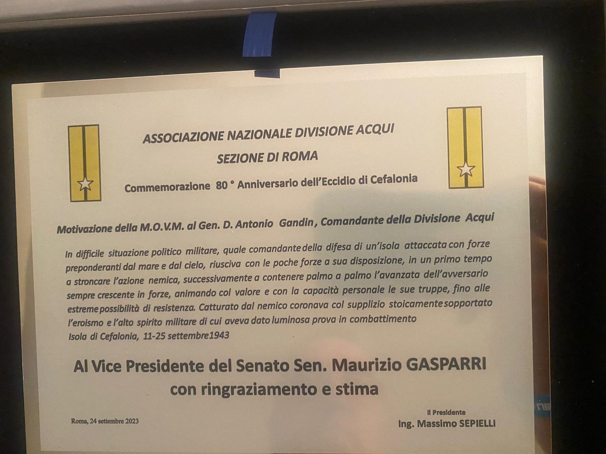 Questo pomeriggio ho partecipato all’incontro dell’Associazione Nazionale
Divisione Acqui Sezione di Roma, all’80° Anniversario “A TESTA ALTA”, in onore e ricordo dei caduti e reduci dell’eccidio della Divisione “Acqui”.
#24settembre