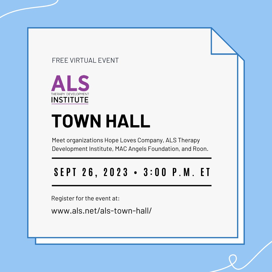 Join us on Tuesday for the ALS Town Hall: Meet Your ALS Orgs Webinar! The ALS Town Hall is a virtual discussion led by experts in the fields of research, patient advocacy, care, awareness building, and fundraising. Register at als.net/als-town-hall/
