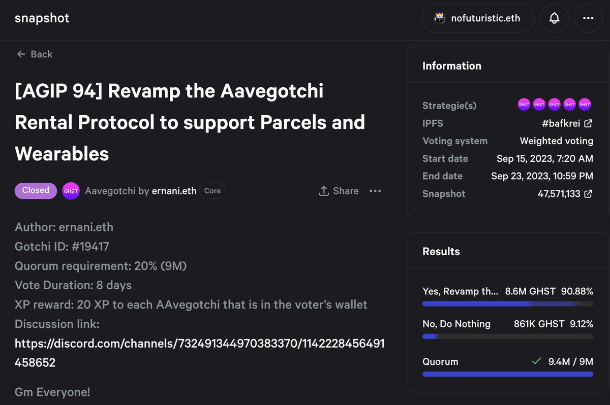 gm frens! 

We are proud to announce our Core Prop to Revamp the <a href="/aavegotchi/">Aavegotchi 👻🟦 Now on Base!</a> Rental Protocol has officially passed! 🚀

We look forward to continue building together with  Gotchigang!!!!