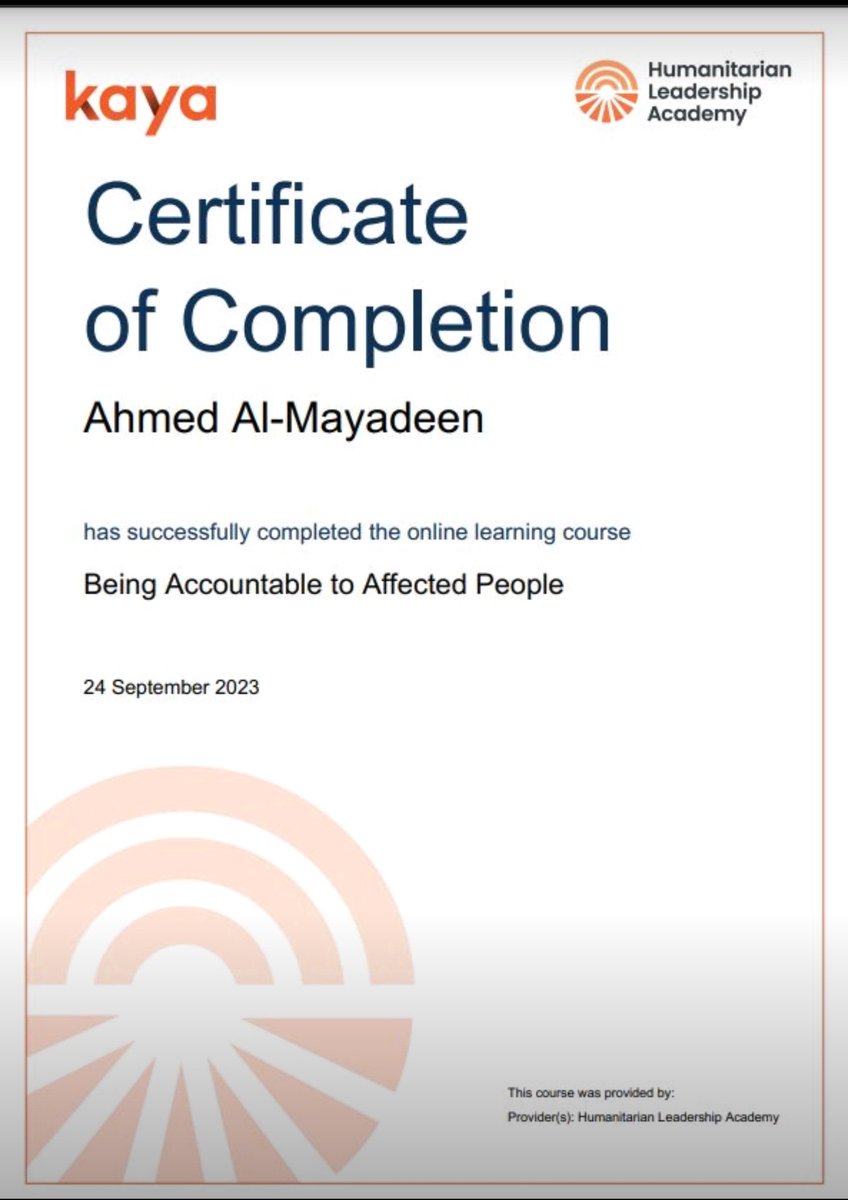 AhmedMayadeen's tweet photo. Celebrating my new certification!
يتطلب #العمل_الإنساني منك أن تكون #مسؤولاً عن أفعالك وعن المجال الذي تتواجد فيه..
#Humanitarian_work requires you to be #accountable for your actions and to the field you are in.. https://t.co/4e4tdIi0ZC