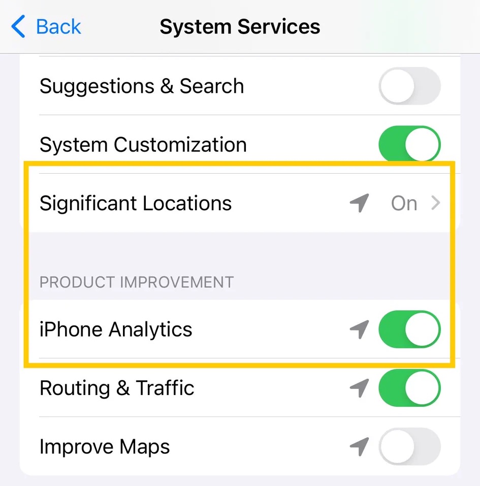 lopp's tweet photo. iOS 17 silently reenabled a couple privacy leaks. To improve your privacy:

Settings app ➡️ Privacy &amp; Security ➡️ Location Services ➡️ Scroll down to System Services ➡️ Turn off the two highlighted options: https://t.co/q7Vs0GeVSL