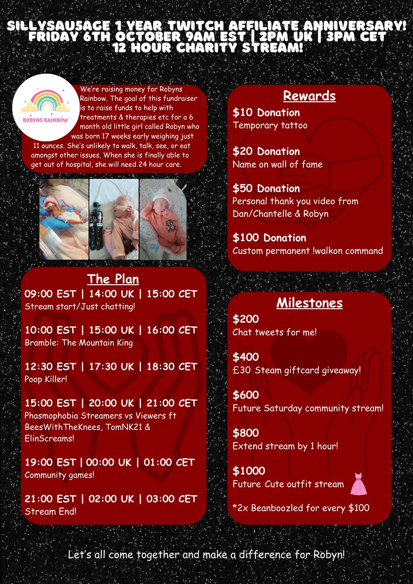 On 6th October, I'll be celebrating 1 year on twitch in a 12 hour charity stream on twitch. We'll be raising money for a 6 month old special little girl called Robyn! She's the smallest baby ever born in Wales weighing just 11 ounces! twitch.tv/sillysau5age