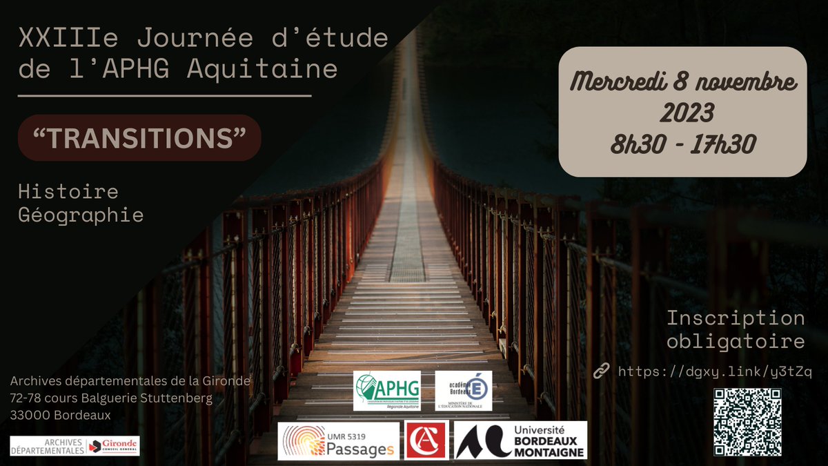 AphgAquitaine's tweet photo. XXIIIe JE @AphgAquitaine en #histoire et en #géographie sur le thème #Transitions

📅 Mercredi 8 novembre 2023
🕰️8h30 - 17h30

Inscriptions et prog : https://t.co/h94RMUaFIc
➡️ je 28/09 pour obtenir lettre EAFC et appuyer demande d'autorisation d'absence auprès des CE https://t.co/qBy6ZKiKlW